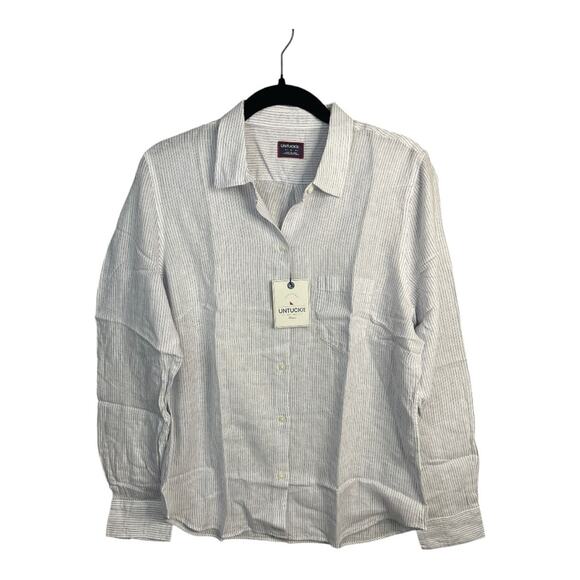 UNTUCKit Women's Button Up Long Sleeve Pin Stripe Shirt Linen Tencel Blend 8 NWT - Picture 2 of 9